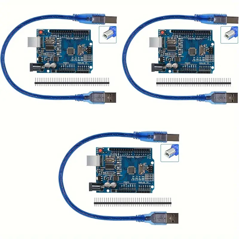 3 placas de desarrollo r3, microcontrolador 328p-au, versión ch340g, compatible con ide, cable usb y cabezales de pines de 2,54 mm, montaje en pcb, de cobre, conexión rápida, fuente de alimentación de 36 v, no batería Detalles del producto 1