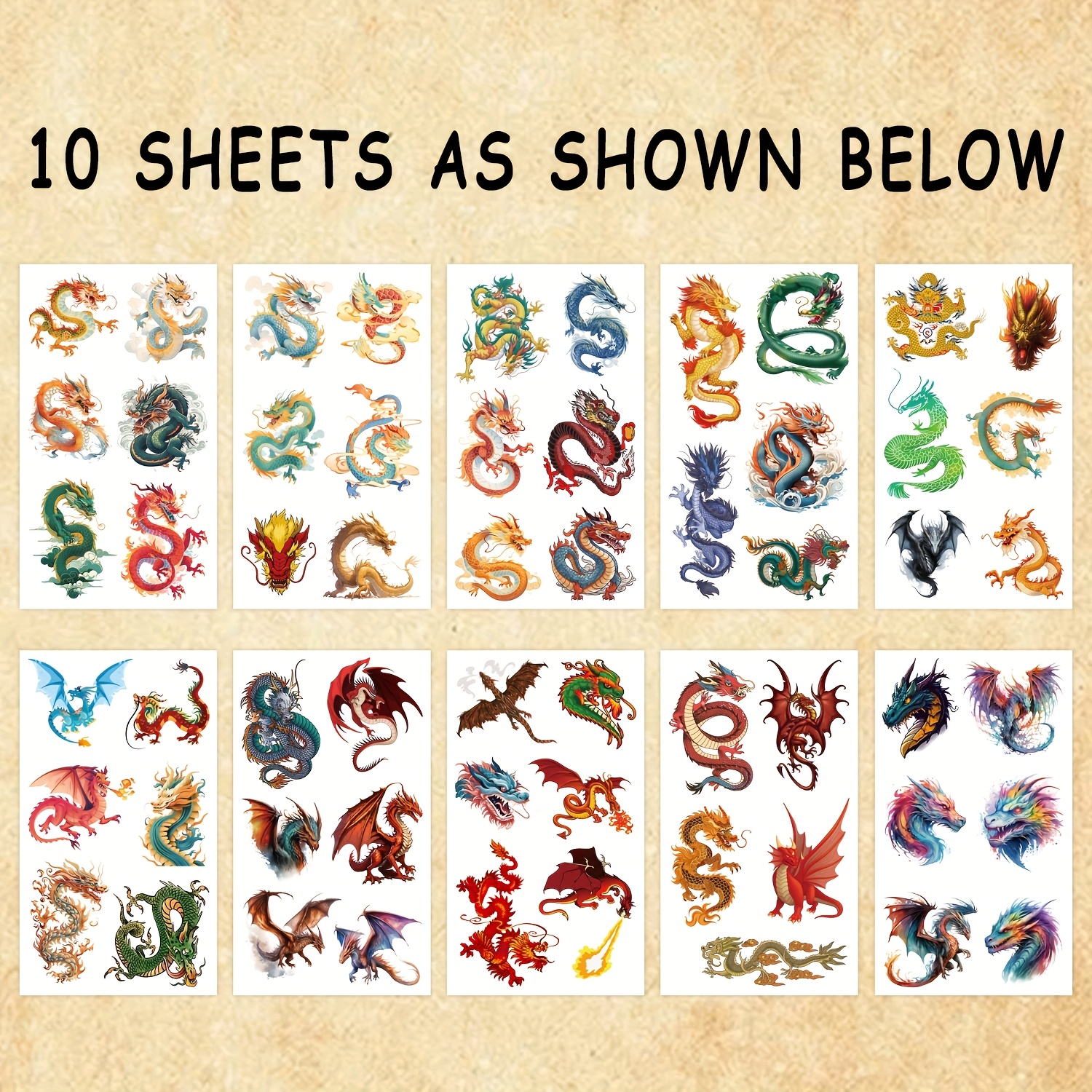 Image of 10pcs Vibrant Dragon Temporary Tattoos - Waterproof, Easy To Remove, Colorful Oriental & Western Dragon Designs For , Legs, And Body Art