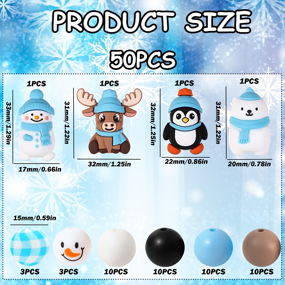TEMU 50pcs 3d Winter Animal Silicone Beads - Snowman, Moose, Penguin, Bear - Round Loose Beads With Snowflake Design - Versatile Diy Craft Kit For