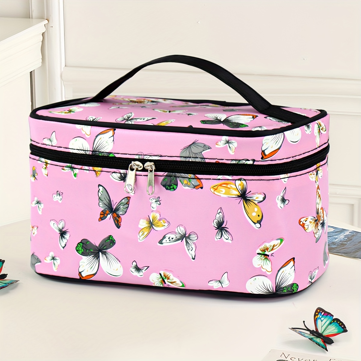 

Butterfly Print Faux Leather Cosmetic Bag, Unisex Waterproof Travel Makeup Case, Portable Organizer With Zipper Closure, Unscented - Fashionable Square Utility Pouch