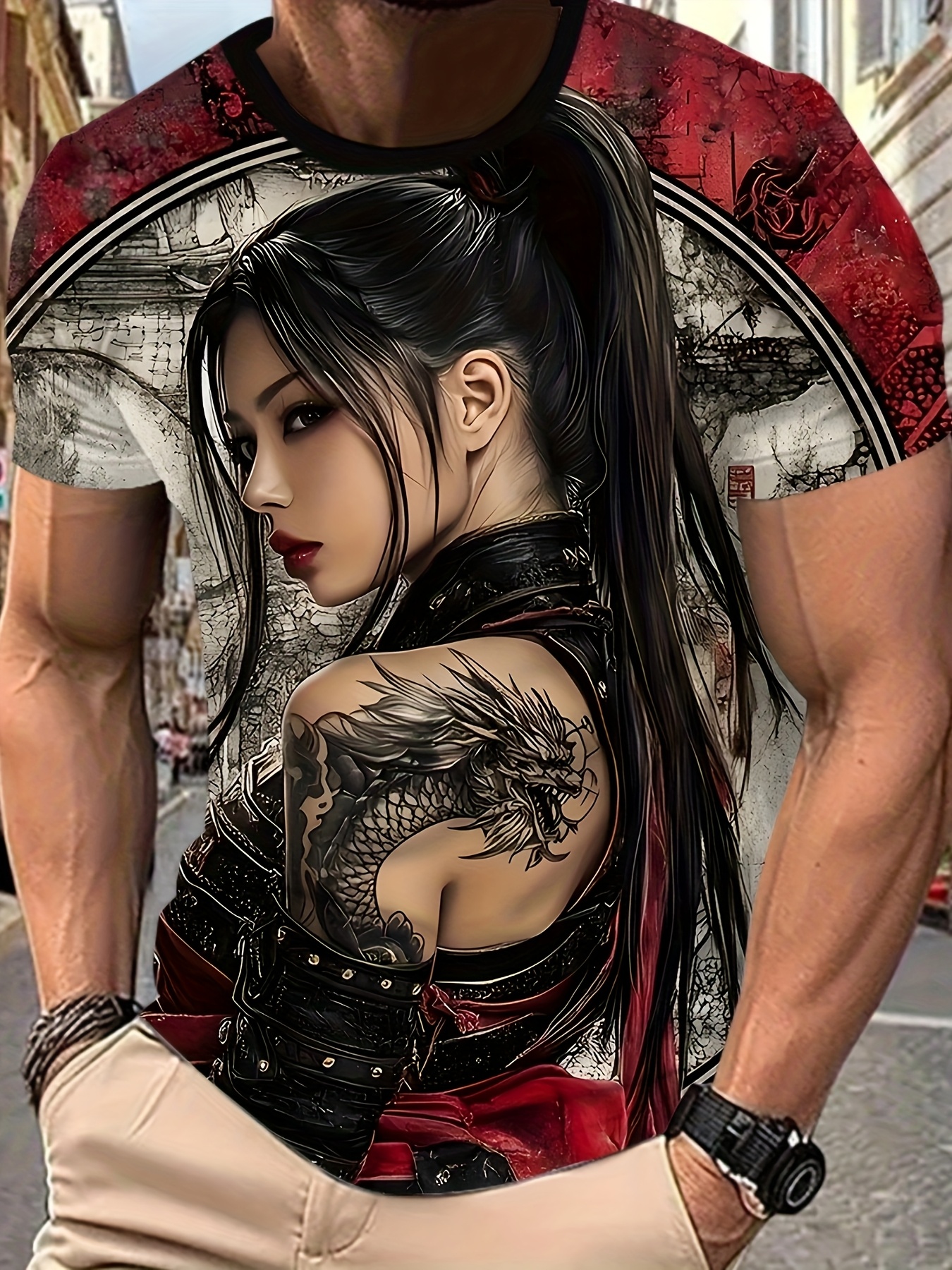 mens tattoo graphic t shirt black red casual crew Temu