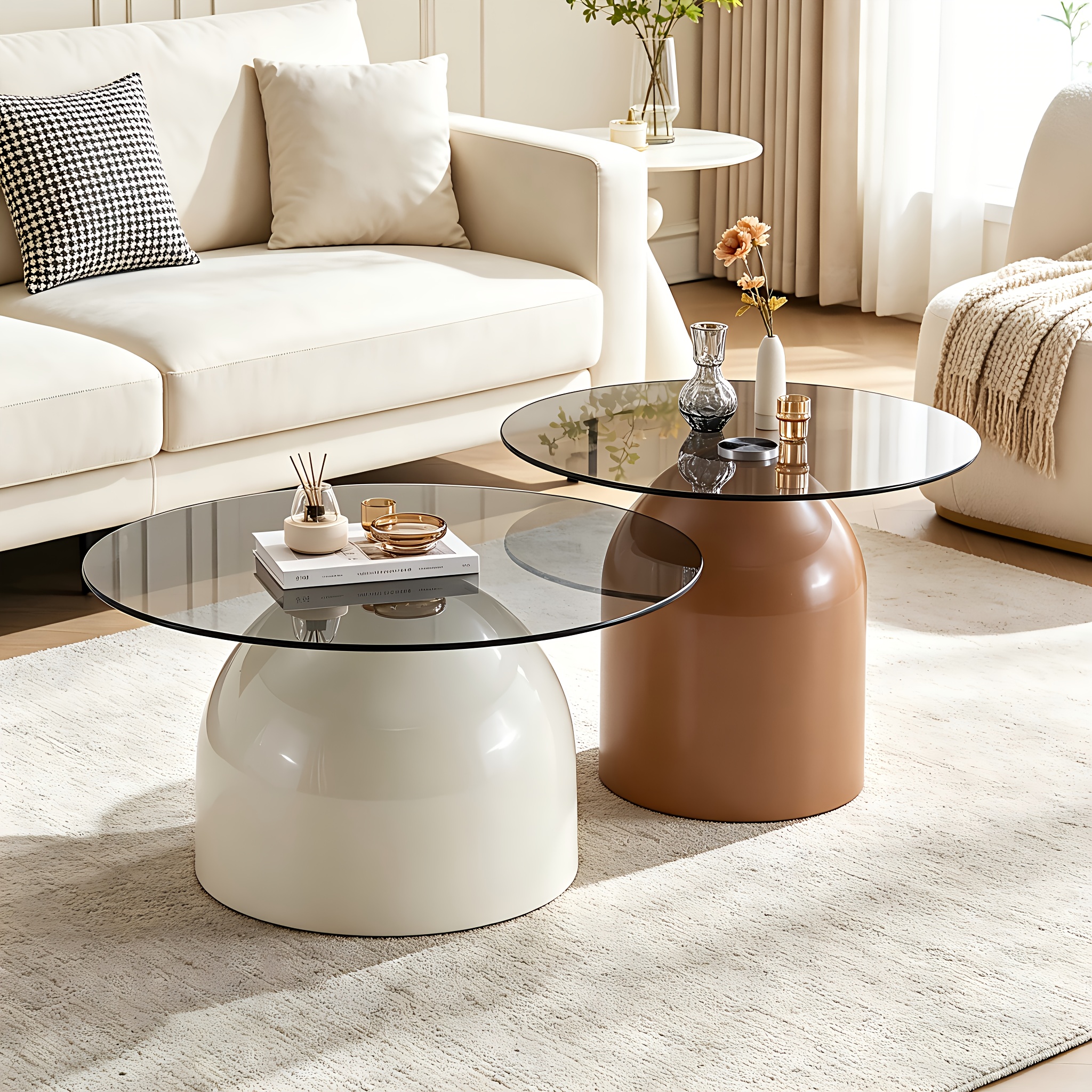 Nesting Coffee Table Set Of 2, Small Coffee Table for Small Spaces Apartment, Round Glass Coffee Table Set, Modern Space Saving Center Table for Living Room Balcony Office