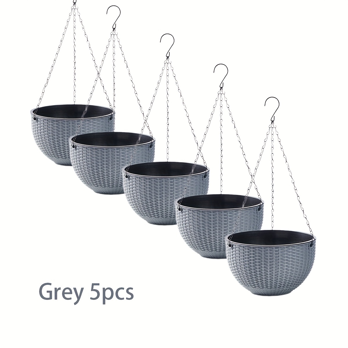 double layer self watering hanging flower basket set of 5 with drainage channel and chain hook plastic material with   rattan pattern suitable for indoor and outdoor use weather resistant indoor and outdoor flower pots decorative plants succulent hanging flower baskets durable plastic flower baskets