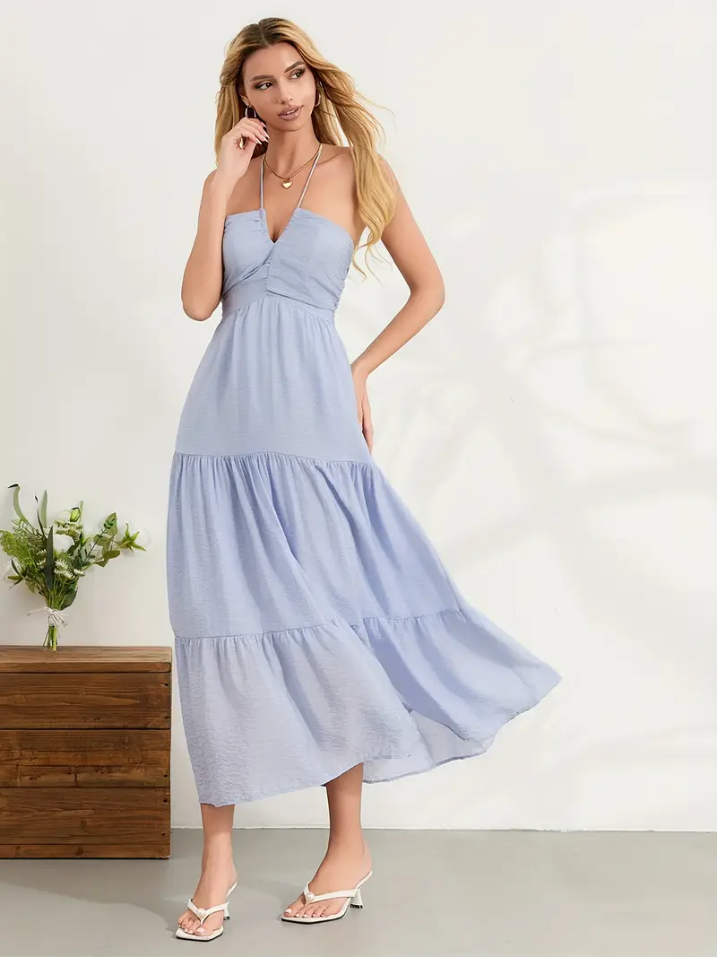 1pc Women'S Summer Cotton V-Neck Halter Dress - Sleeveless Solid Color Long Dress with Hollow Details, Casual Slip Style, Woven Weave, for Adults 1pc Women'S Summer Cotton V-Neck Halter Dress - Sleeveless Solid Color Long Dress with Hollow Details, Casual Slip Style, Woven Weave, for Adults