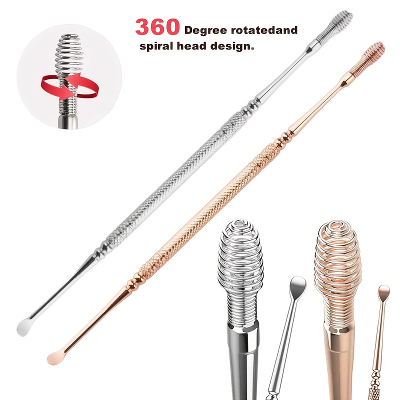 Image of 2pcs Stainless Steel Earwax Cleaning Tools, Ear Cleaning Tools, Earwax Cleaning Spoon, Double-ended Stainless Steel 360° Spiral Ear Massage Cleaning Tools, Help Ear Cleaning