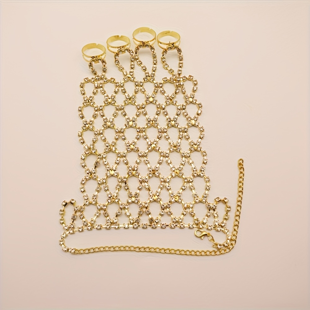 Image of 1pc Claw Chain Inlaid With Rhinestones, Mesh Hollow Bracelet, Shiny Ring Hand Chain, Ring Hand Chain Integrated Accessory, In Colors, Adjustable Size
