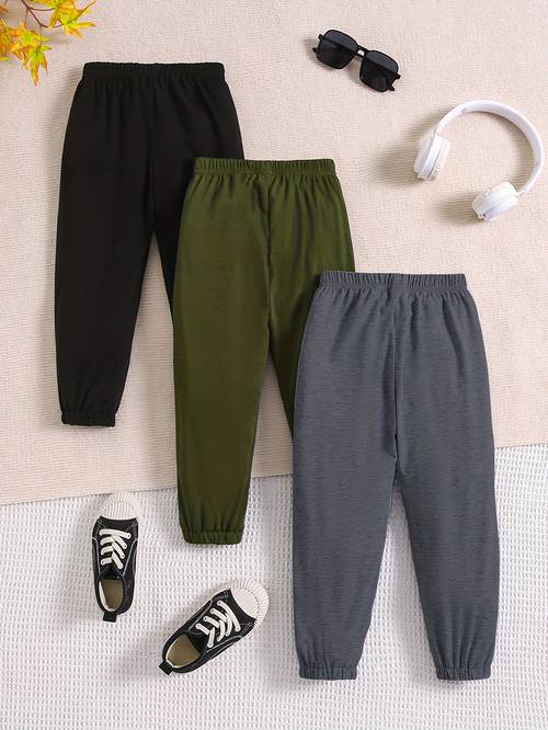 3 piece young boys casual simple sweatpants set stretch knit solid color elastic waistband and cuffs waist cord comfortable jogging pants suitable for spring and autumn daily wear and outdoor activities running cycling halloween