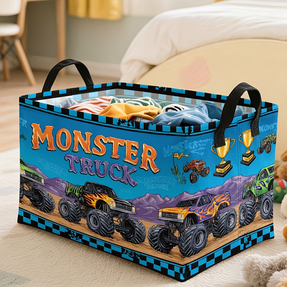 TEMU 1pc, Storage Basket, Monster Truck Racing Print With Cartoon Vehicles, Multiple Specifications , Durable Organizer Bin For Home Storage, Perfect