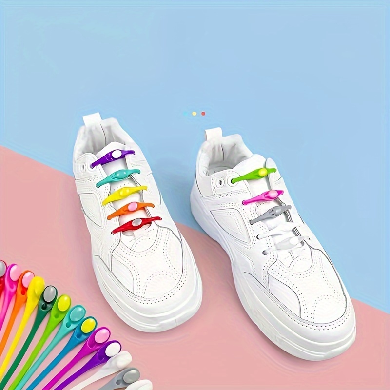 Silicone No-Tie Shoelaces 12pcs - Preppy Style Elastic Flat Shoe Laces, Solid Color with Rivet Details, Lightweight, Washable for Sneakers