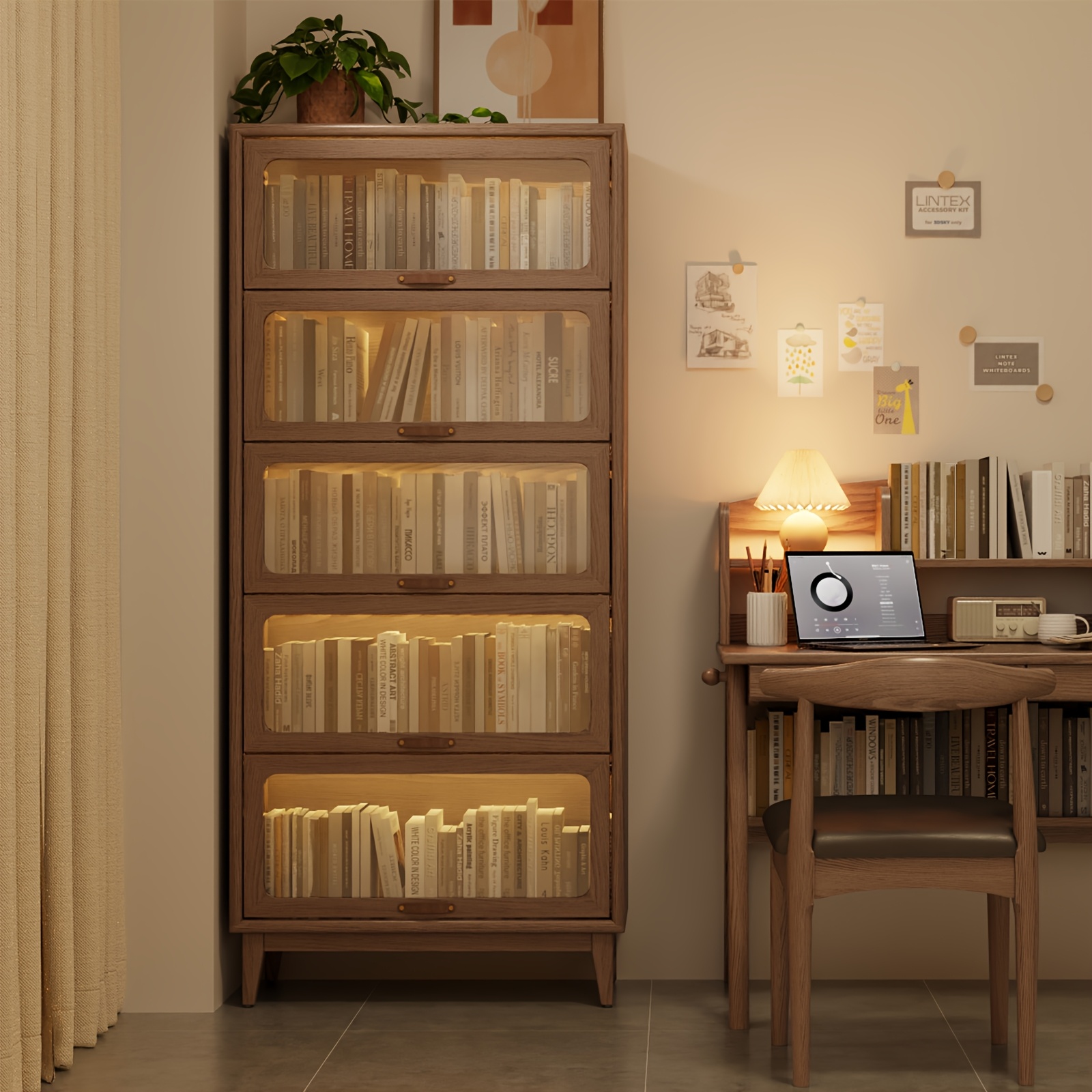 wooden bookshelf multi layer bookshelf with tempered cabinet glass door brown decorative cube storage box bookshelf multi functional storage cabinet suitable for kitchen home office Product details 0