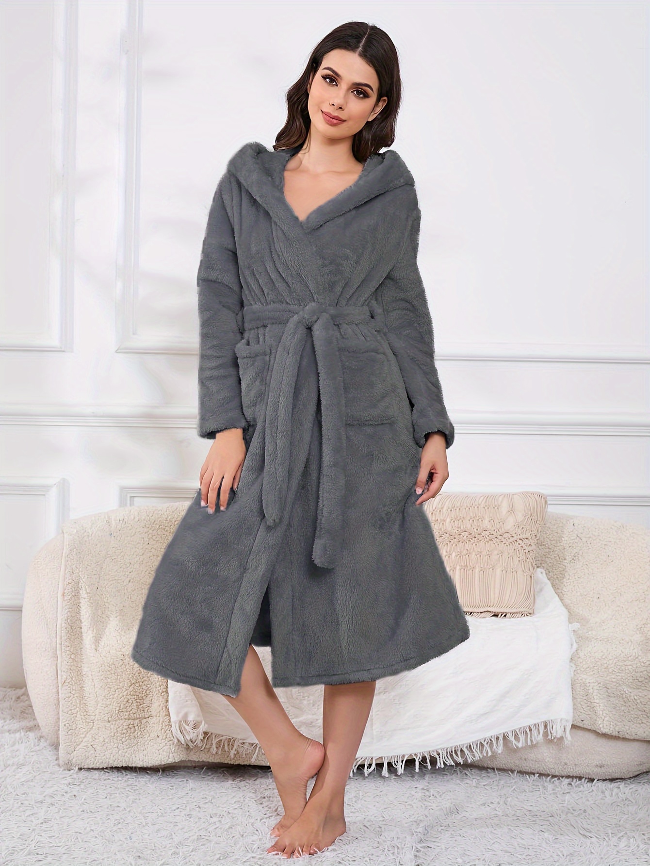 1pc elegant womens plush warm hooded robe polyester fiber solid color knitted fabric adult home robe for autumn winter