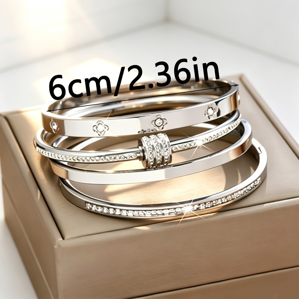 3pcs Random Stainless Steel Bangle Set with Zirconia Inlays