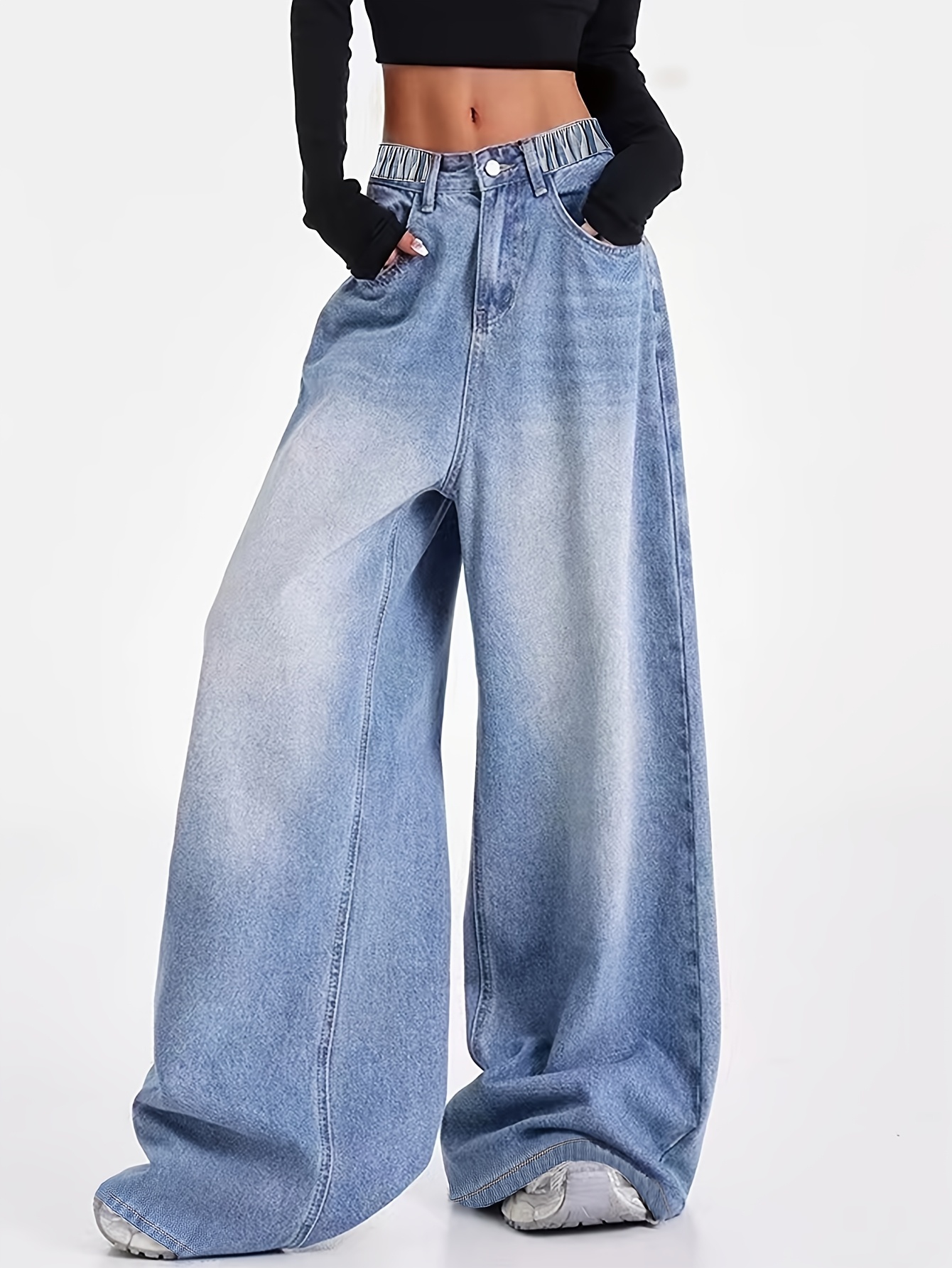 Jean Fille Jambes Larges Taille Haute Élastique – Pantalon Baggy Bootcut Déchiré Denim Streetwear 5-16 Ans