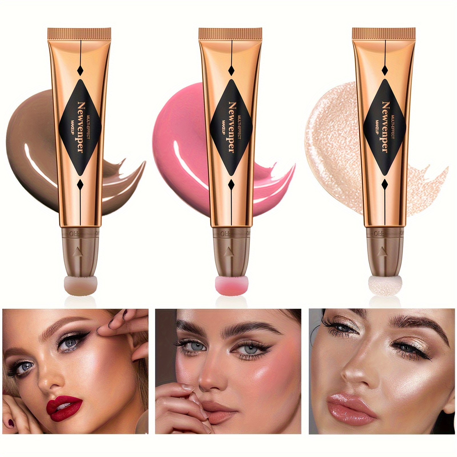3PCS Long Lasting Contour Beauty Wand with Cushion Applicator, Smooth Lightweight Fair Contour, Pink Blush, Pearl White Highlight