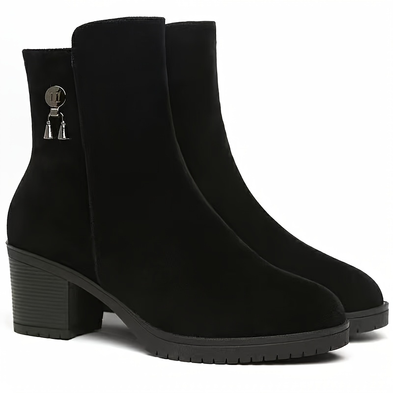 TEMU Pointed-toe Block Heel Ankle Boots With Back Zipper Closure, Featuring A Stretch Fabric With Mirrored Fabric. Mid-block Heel Fashionable And