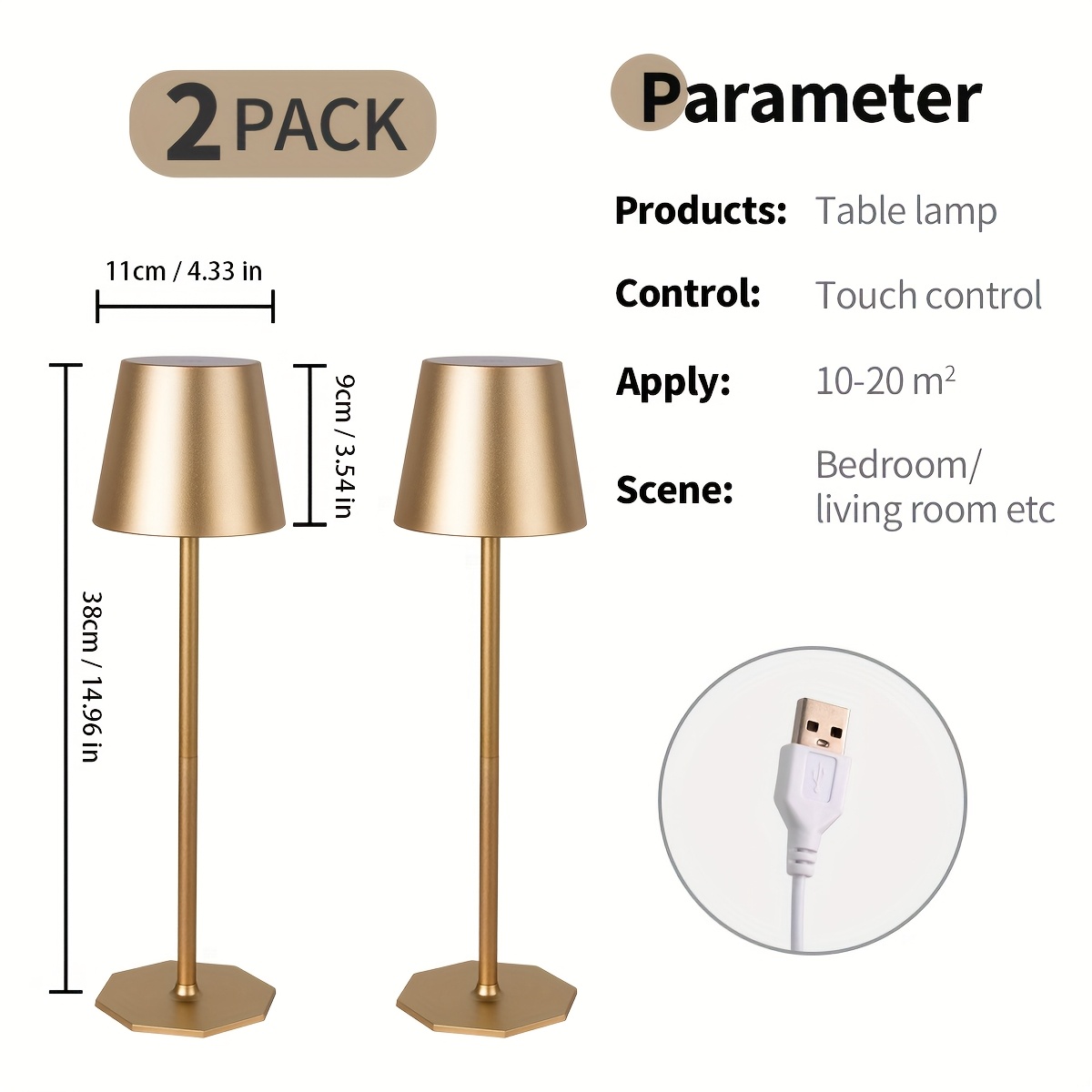 TEMU 2-pack draadloze bureaulamp, draagbare LED-lamp, gevoed via USB-interface, met 3-kleuren instelbare dimfunctie, geschikt voor restaurants,