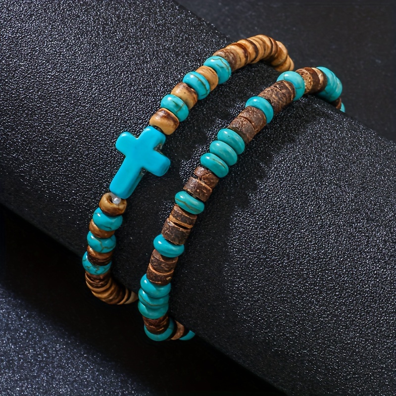 Cross Element Coconut Shell Wooden Beads Bracelet Set