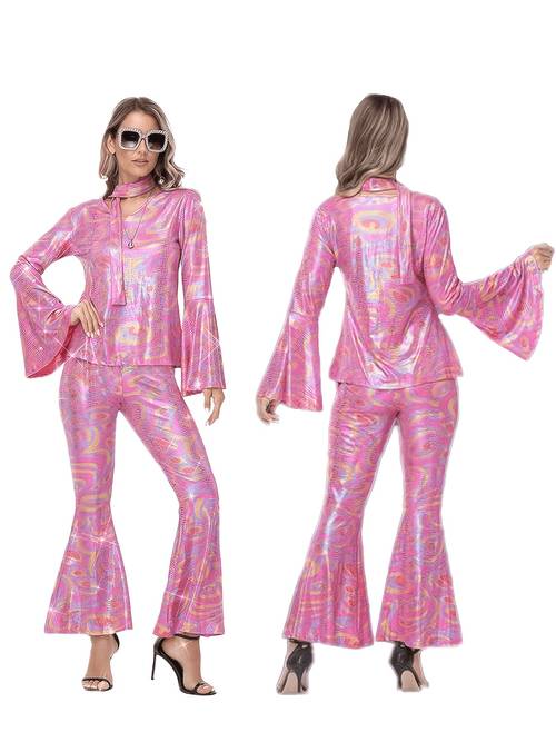 70s and 80s hippie performance outfits senior disco role play costumes new halloween costumes v neck party performance sets shiny bell sleeve gowns and gold foil bell pants with headband sets for parties
