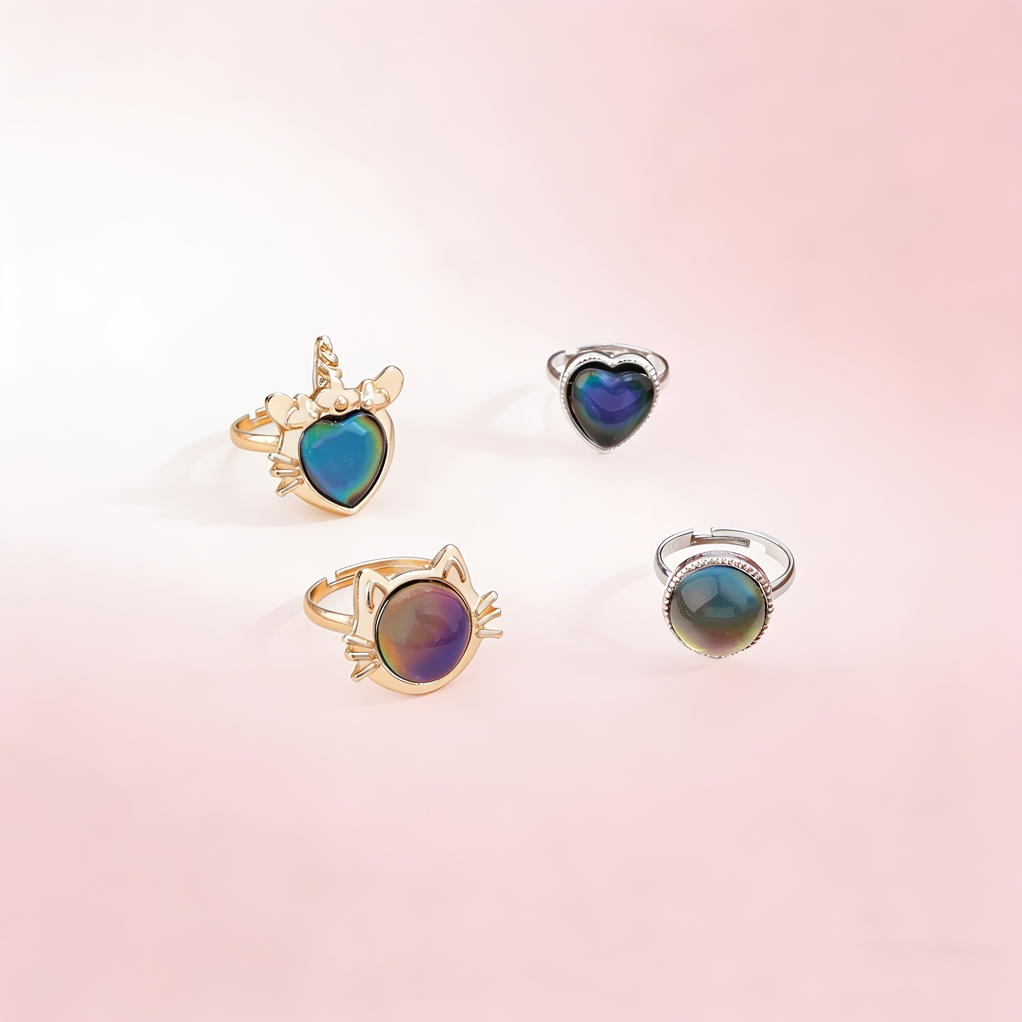 TEMU 4pcs Unicorn Kitten Heart-shaped Temperature-sensitive Color-changing Adjustable Rings Set, Perfect Additions For , Ideal Gifts For Holidays,