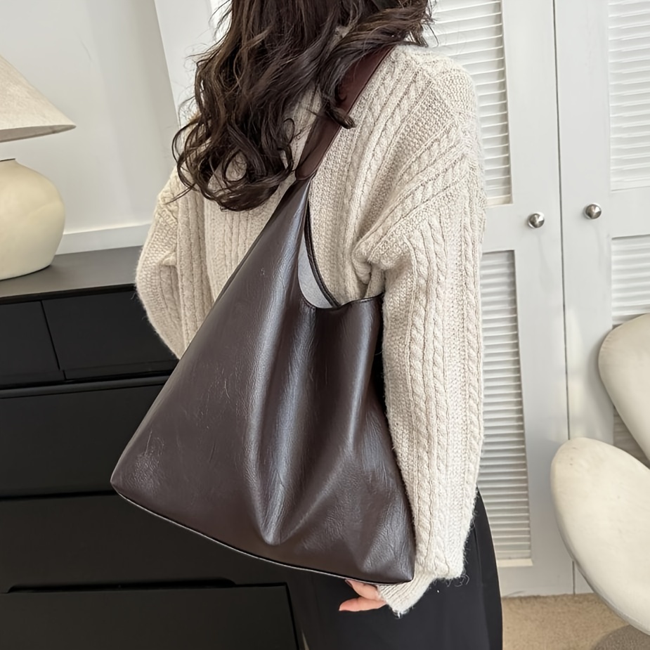 

Elegant Large Capacity Tote Bag For Women, Pu Leather Shoulder Bag With Fixed Straps, Unlined With Closure - Dissefa-tech , For Shopping & Gift - Black, Coffee, Dark Brown