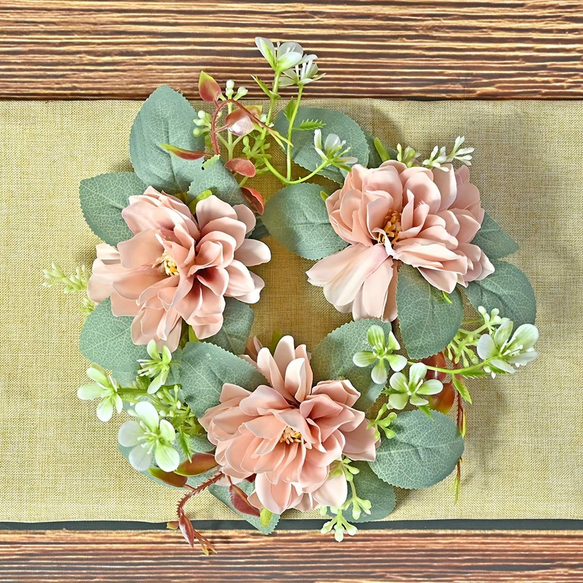 Image of 1pc, Small Artificial Candle Rings Wedding Photography Props Faux Floral Wreath For Pillar Centerpiece Wedding Party Table Decoration Festival Gift