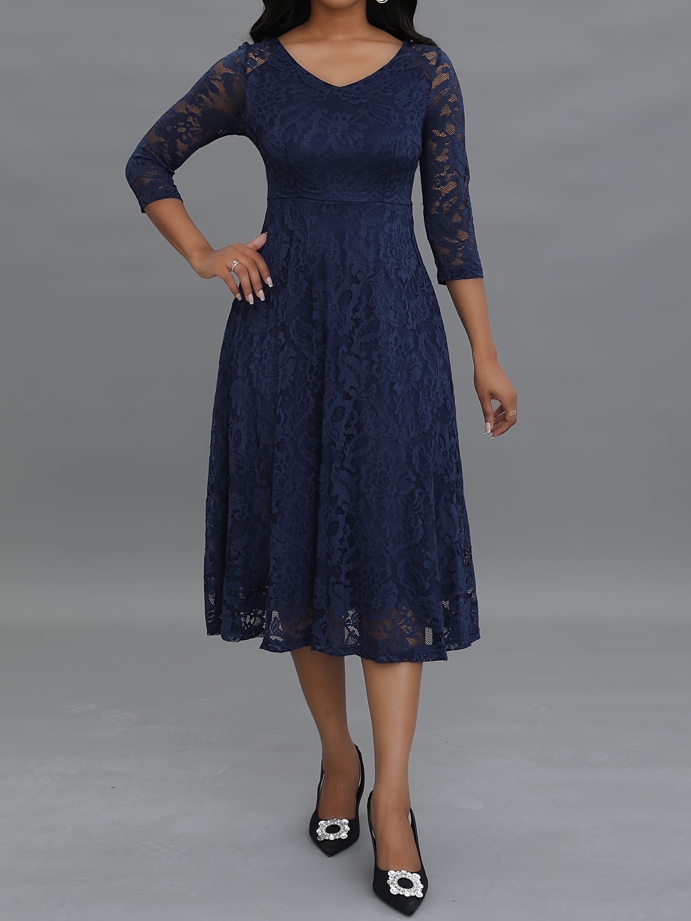 women's semi-formal party dress, black fitted long-sleeve dress, solid  color lace for winter and autumn, v-neck modern dress for season - women's  clothing - Temu