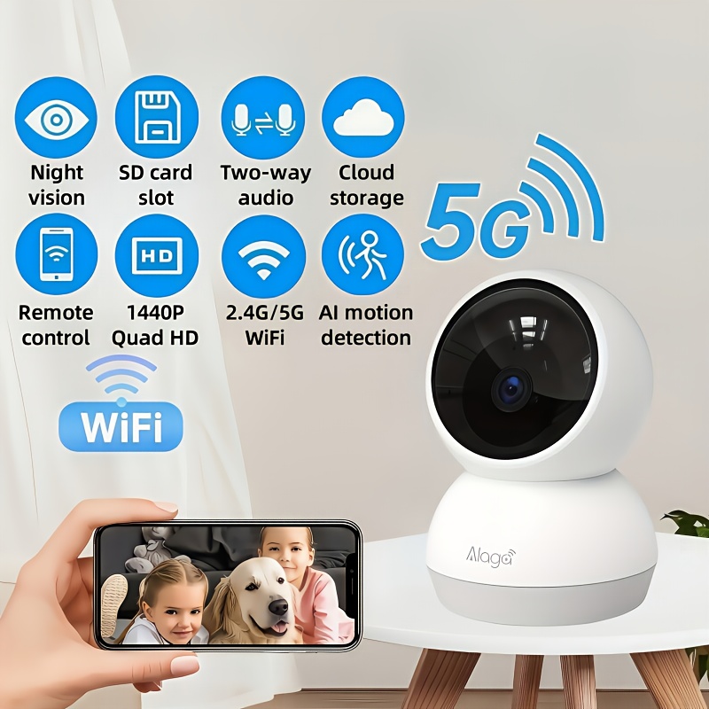 360 panoramic security camera with 2k hd resolution supports dual band wireless wifi monitoring at 2 4g and 5g features detection night vision and pet monitoring suitable for babies pets and caregivers battery not included Product details 1