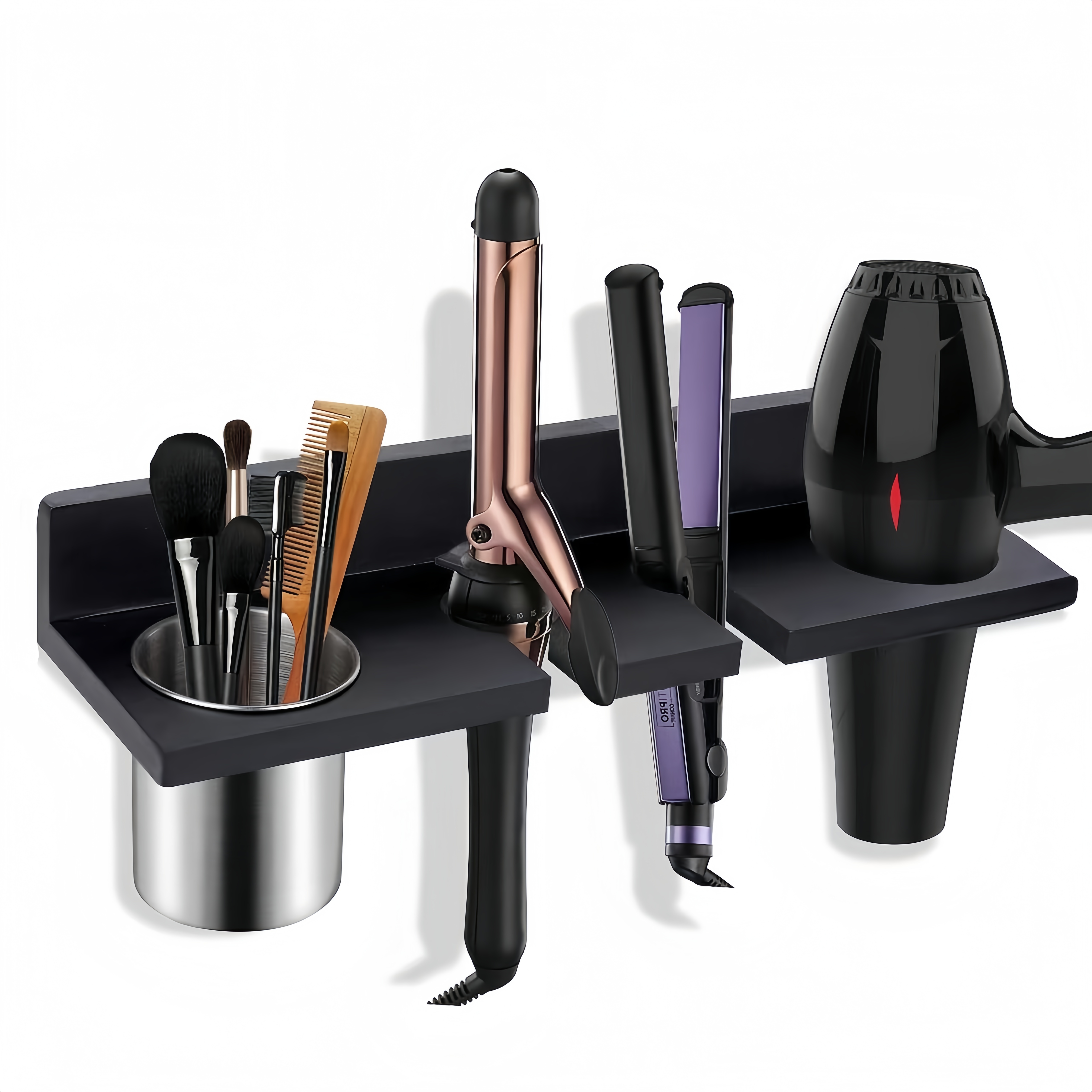 TEMU Wall Mounted Wooden Hair Tool Organizer, Multi-functional Storage Rack For Hair Dryer, Curling Iron, Hair Straightener, Brushes, For Bathroom Salon Home Use, Rustic Stylish , Shelves