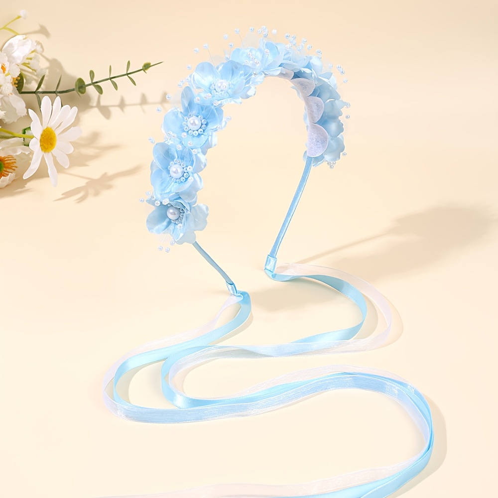 TEMU 1pc Light Flower Headband For Women Pearl Embellished Hair Hoop With Sheer Floral Accents And Long Ribbon Ties Elegant Fairy Tale Hair Additions