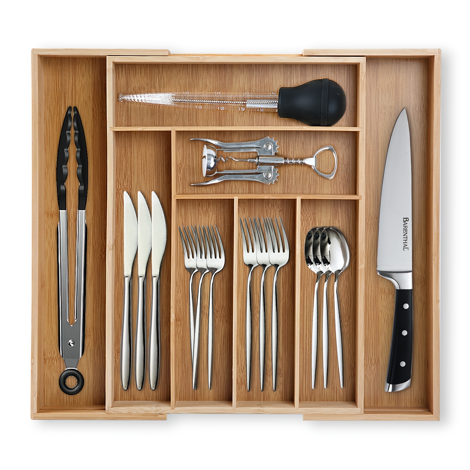 TEMU 1pc Bamboo Expandable Drawer Organizer, Adjustable Utensil Drawer Divider For Silverware And Flatware, Bamboo Cutlery Tray, Tool Trays For Kitchen, Living Room, And Vanity Drawers