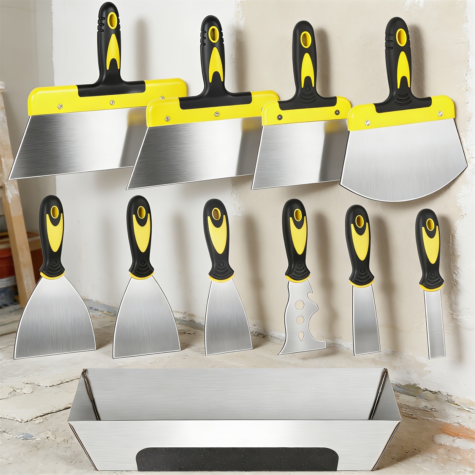 Image of Spatula Set, 11pcs Spatula Tool Stainless Steel, Set Includes Wide Spatula, Wallpaper Spatula, Smoothing Trowel And Spatula Box, Plastic Handle For Wallpaper Plastering And Walls