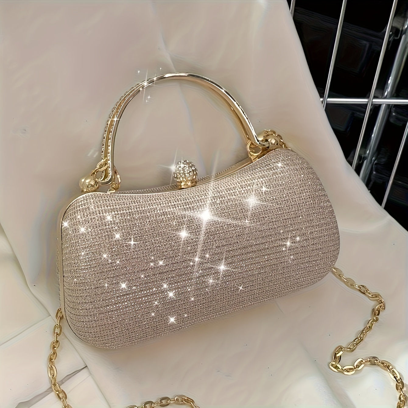Image of Elegant Mini Rhinestone Decorated Shiny Box Bag, With Detachable Chain Strap- Sparkling Golden Clutch Bag With Textured Fabric And, Suitable For Weddings And Parties