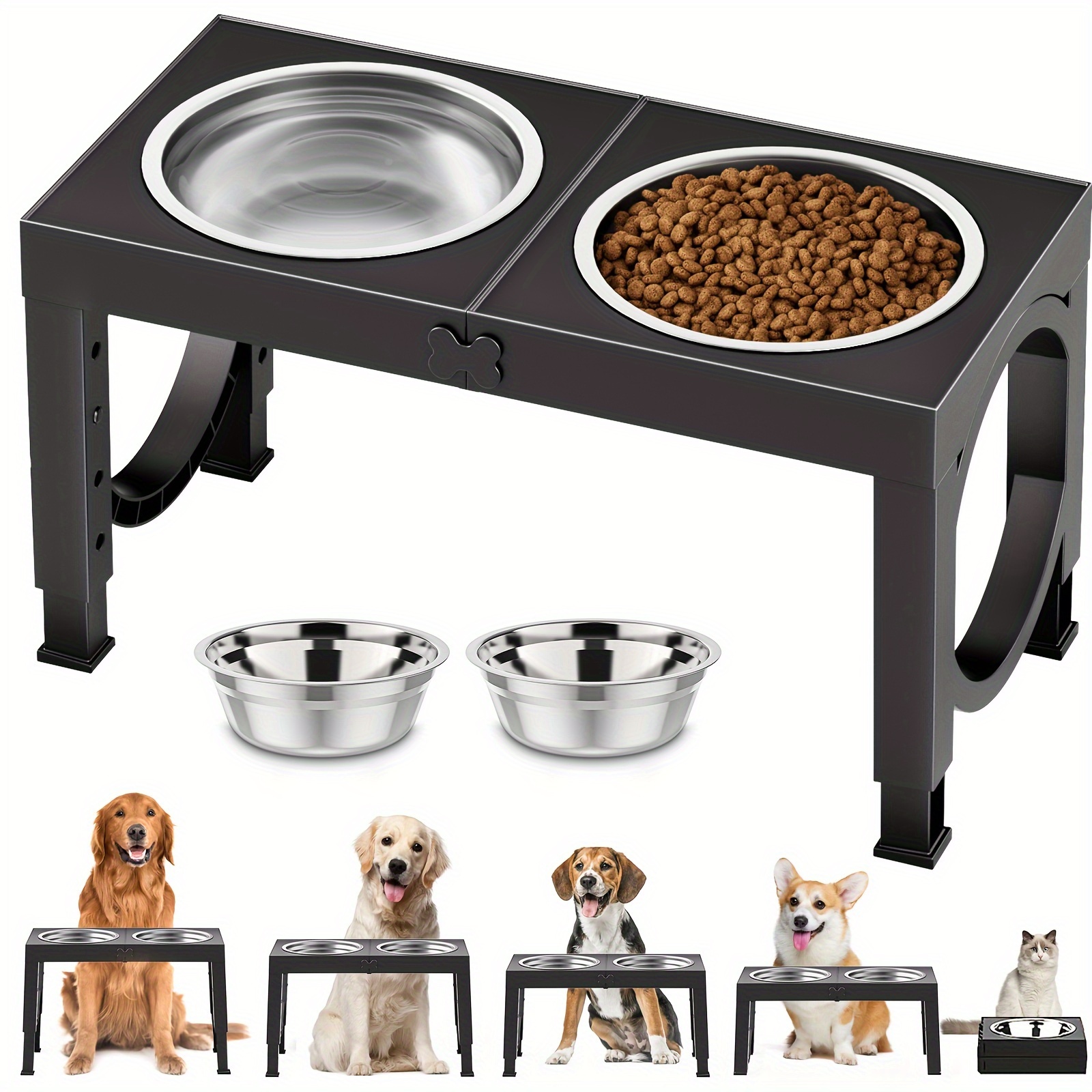 

Elevated Dog Bowls, Foldable Raised Dog Bowl Stand With 2 Stainless Steel Bowls, 5 Adjustable Cat Feeder Bowls, Dog Feeding Station For Medium Large Dogs, Suitable For Indoor Outdoor, Black, White