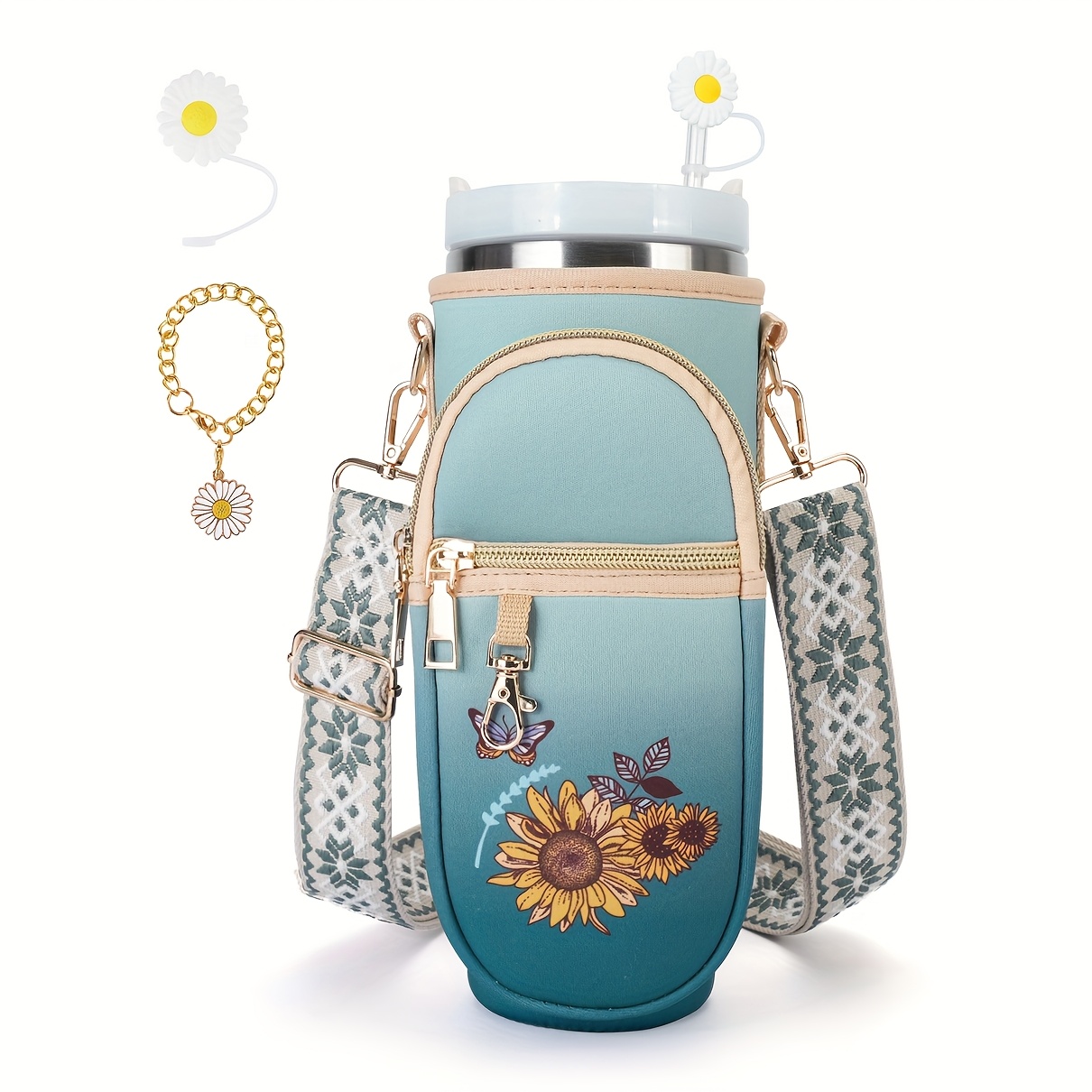 TEMU Water Bottle Carrier Bag For 40oz Tumbler With Sunflower Pattern Phone Pocket Purses Water Bottle Holder With Adjustable Wide Strap