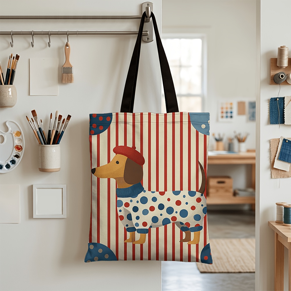 TEMU 1 ud. Bolso tote de gran capacidad con estampado de perro salchicha a rayas - Bolso de compras reutilizable con 2D vívidas, bolso de de duradero