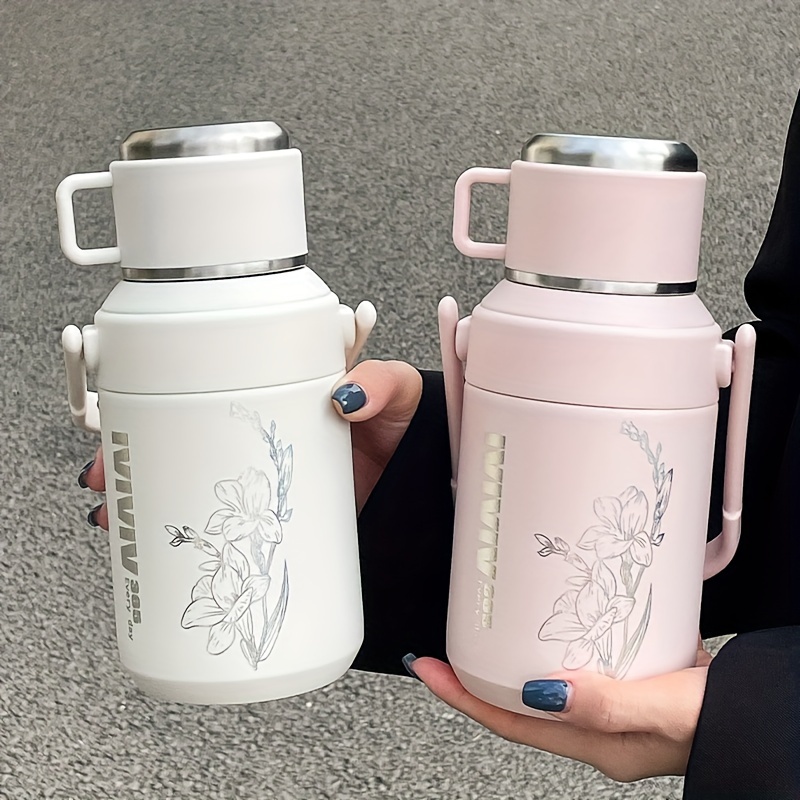 1개 스테인리스 스틸 단열 물병, 800ml 대용량, 뚜껑 및 손잡이 포함, 꽃 무늬 디자인, 여행, 사무실, 학교, 크리스마스, 할로윈, 부활절에 다용도, 전원 필요 없음
