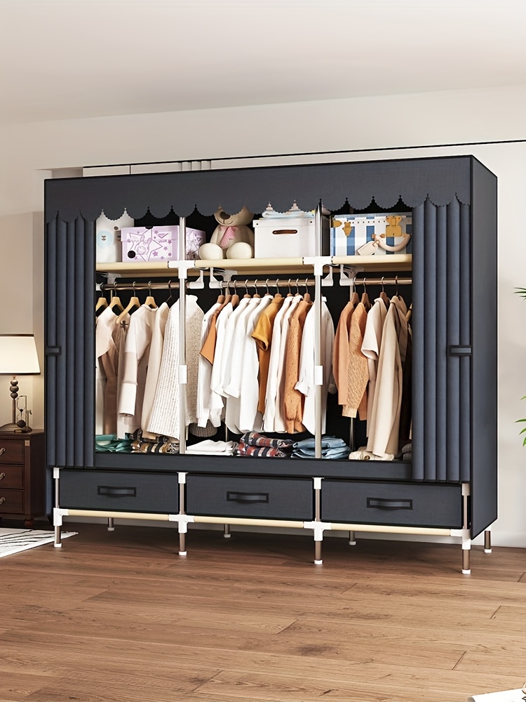 a portable wardrobe with 3 hanging rods and 6 storage shelves reinforced alloy   easy to assemble canvas curtain cover lightweight less than 30     organizer portable closets details 0