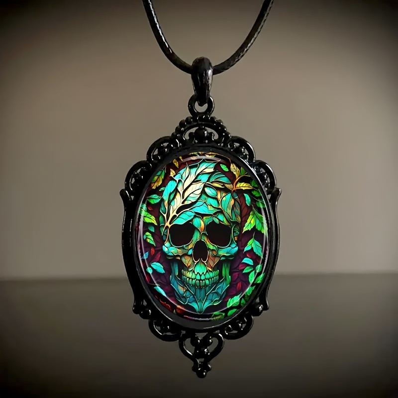 TEMU 1pc Fashion Elegant Skull Pattern Black Frame Glass Necklace Romantic Gift Jewelry