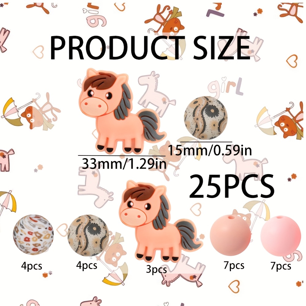 Image of 25pcs Pink Pony-shaped Silicone Bead Set - Colorful Charms, Ideal For , Pen Decorations, Lanyards - Perfect For Holiday Gifting, An Ideal Birthday Gift - Beads & Bead Assortments