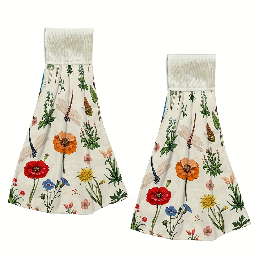 TEMU Absorbent Spring Hanging Kitchen Towel With Loop 2 Set, Dragonfly Hand Towels, Fall Tie Towel For Home