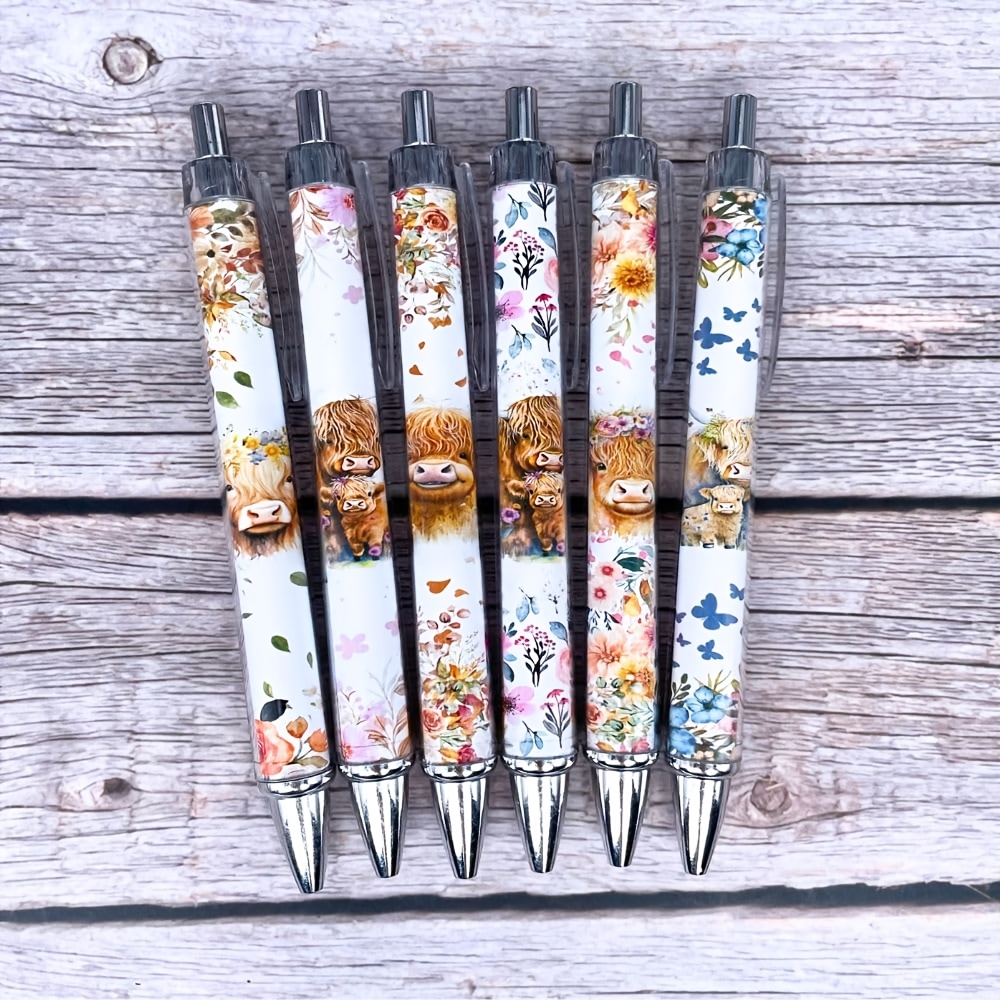 TEMU 6pcs Highland Cow Pens Set | Cow Print Pen Kawaii Cute Supplies Accessories Items Stationary For School Home Office Desk Planner Pencils Decor