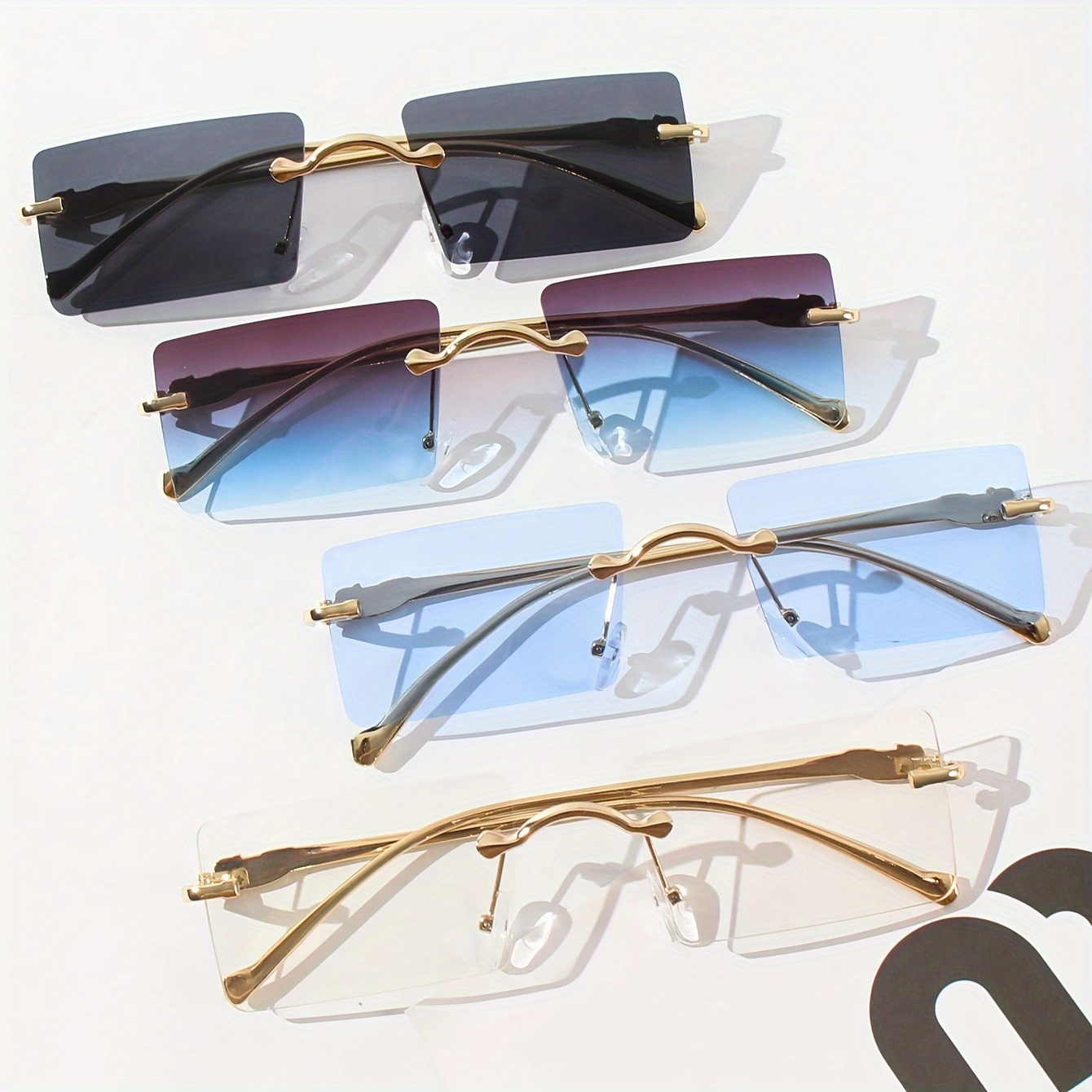 

4pcs Rimless Fashion Glasses, Zinc Alloy Frameless Fashion Sunnies, Unisex Ultralight Anti Glare Sun Shades