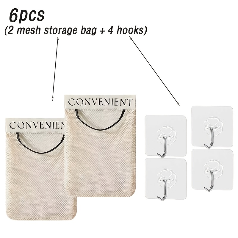 TEMU 6pcs Kitchen Wall-mounted Mesh Storage Bags (2 Mesh Bags And 4 Hooks) - Large-capacity Wall-mounted Organizing Bags, Reusable Back-door Mesh