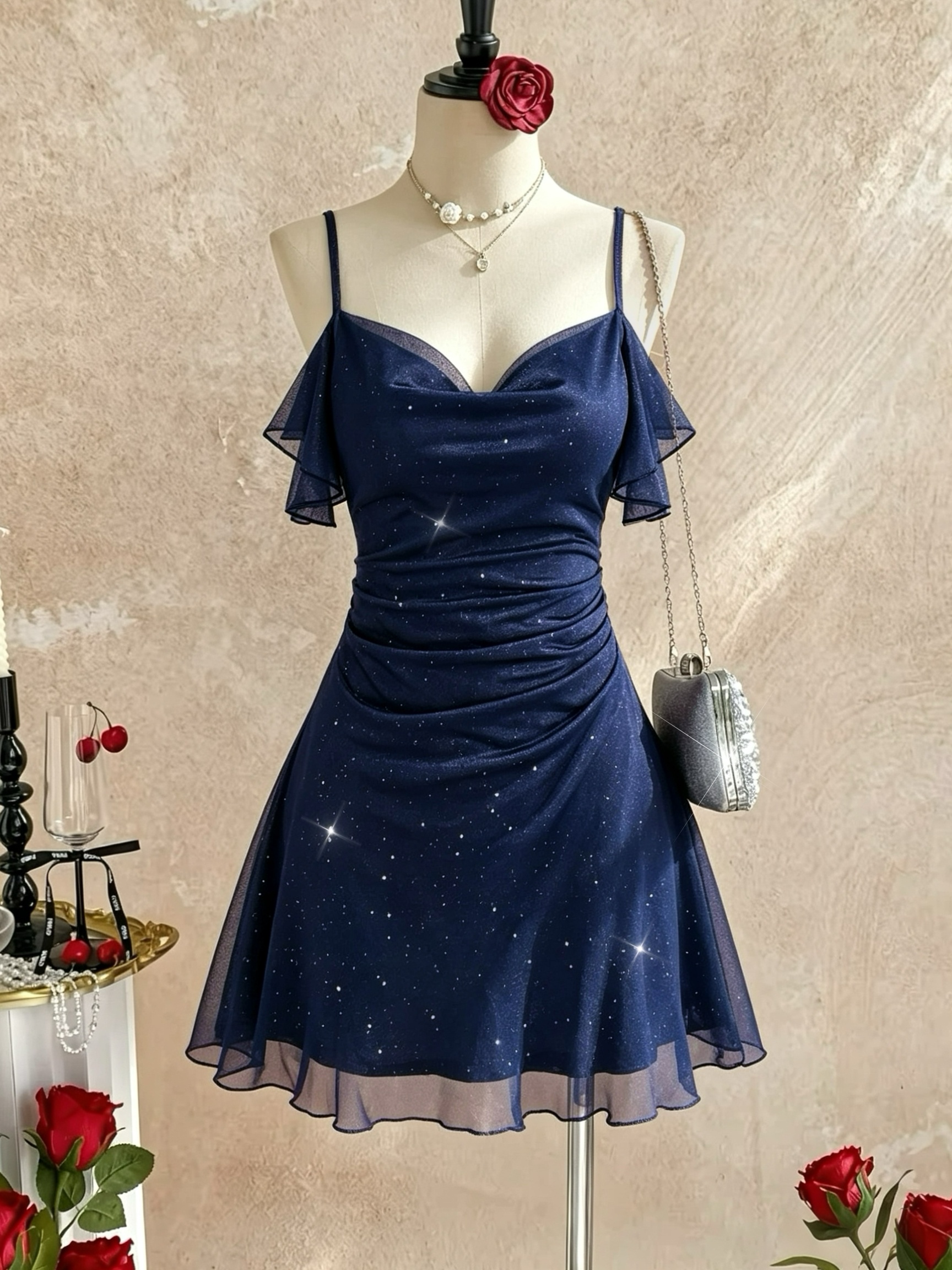 winter navy blue dress sold on Temu United States 66 cm (26) waist Color Code:BKPK Azul marino color_light-blue Chic A-Line V-Neck Navy