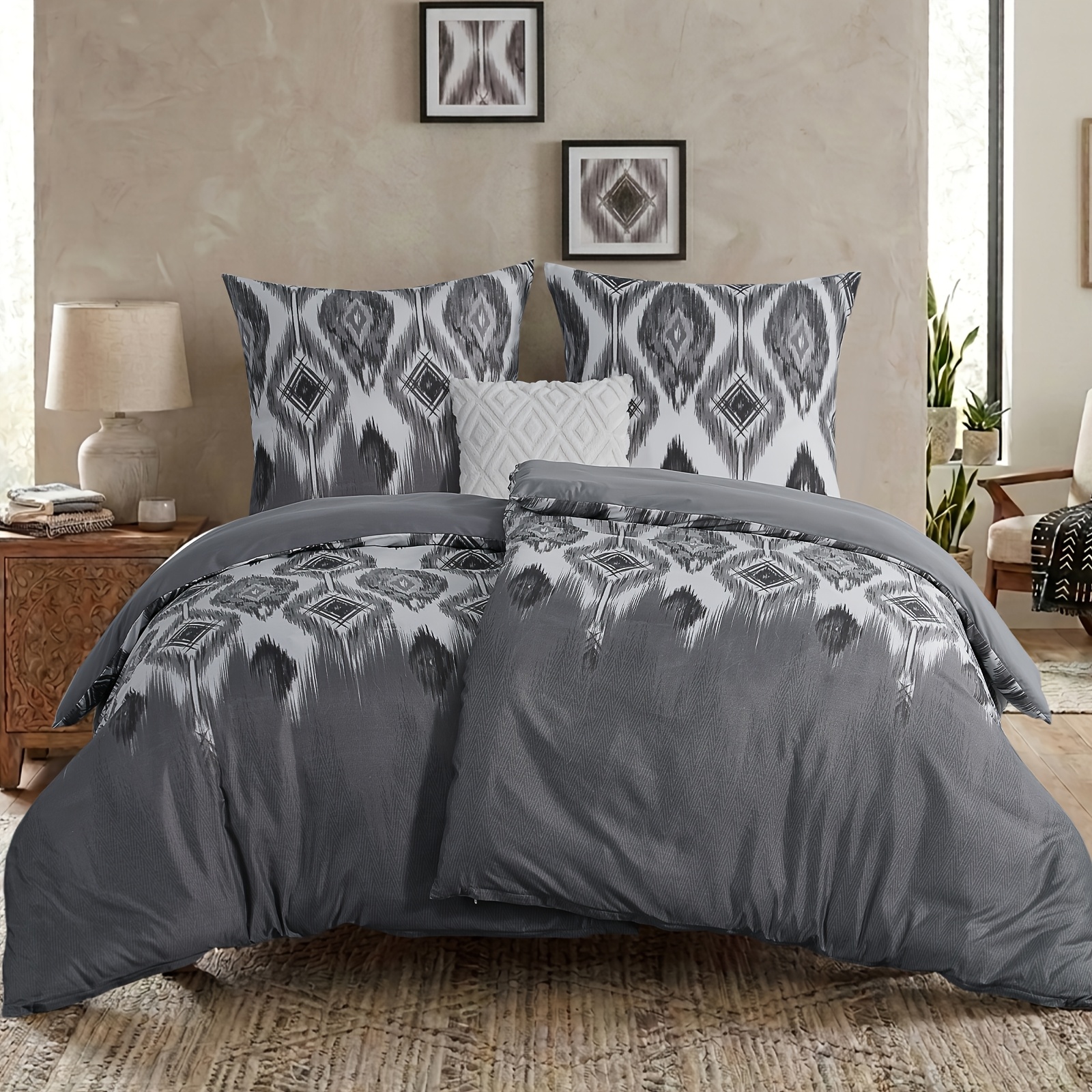 Image of Bedding 135x200cm, 4pcs, Duvet Cover - Bedding 135 X 200cm, Grey Geometric Rhinestone Pattern, With 2 Pillowcases 80x80cm, 2pcs Duvet Cover With Zipper, Non-iron And Soft