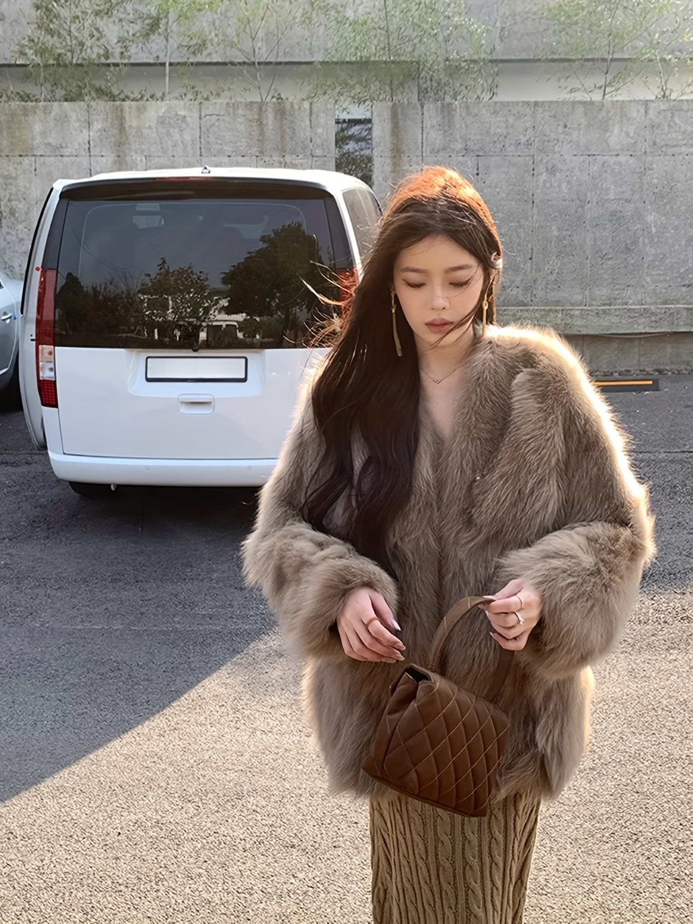 クリーム色 ダブルブレストファーコート アウター クリーム色 ダブル