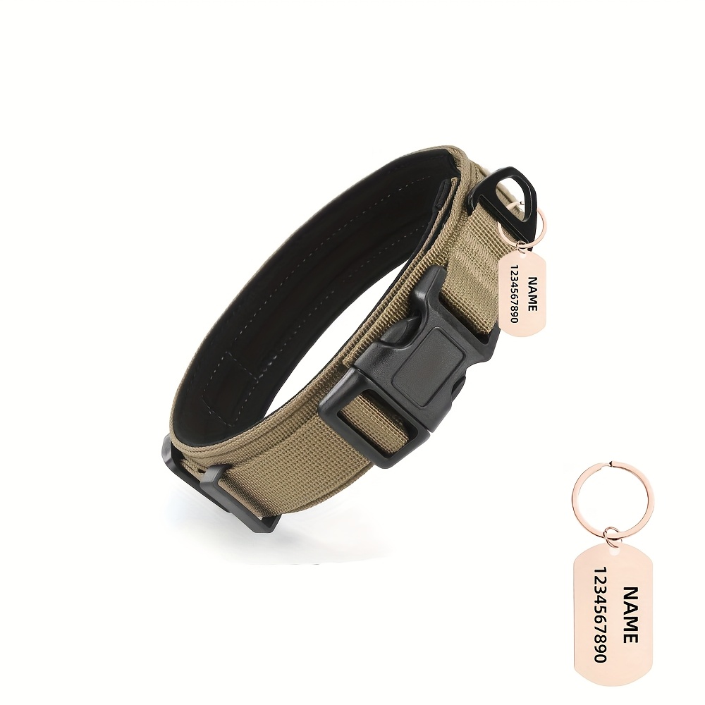 TEMU [custom] 1pc Personalized Fashion Protective Combat Tactical Dog Collar With Nameplate - Customizable Double-sided Engraving Of Name, Phone And