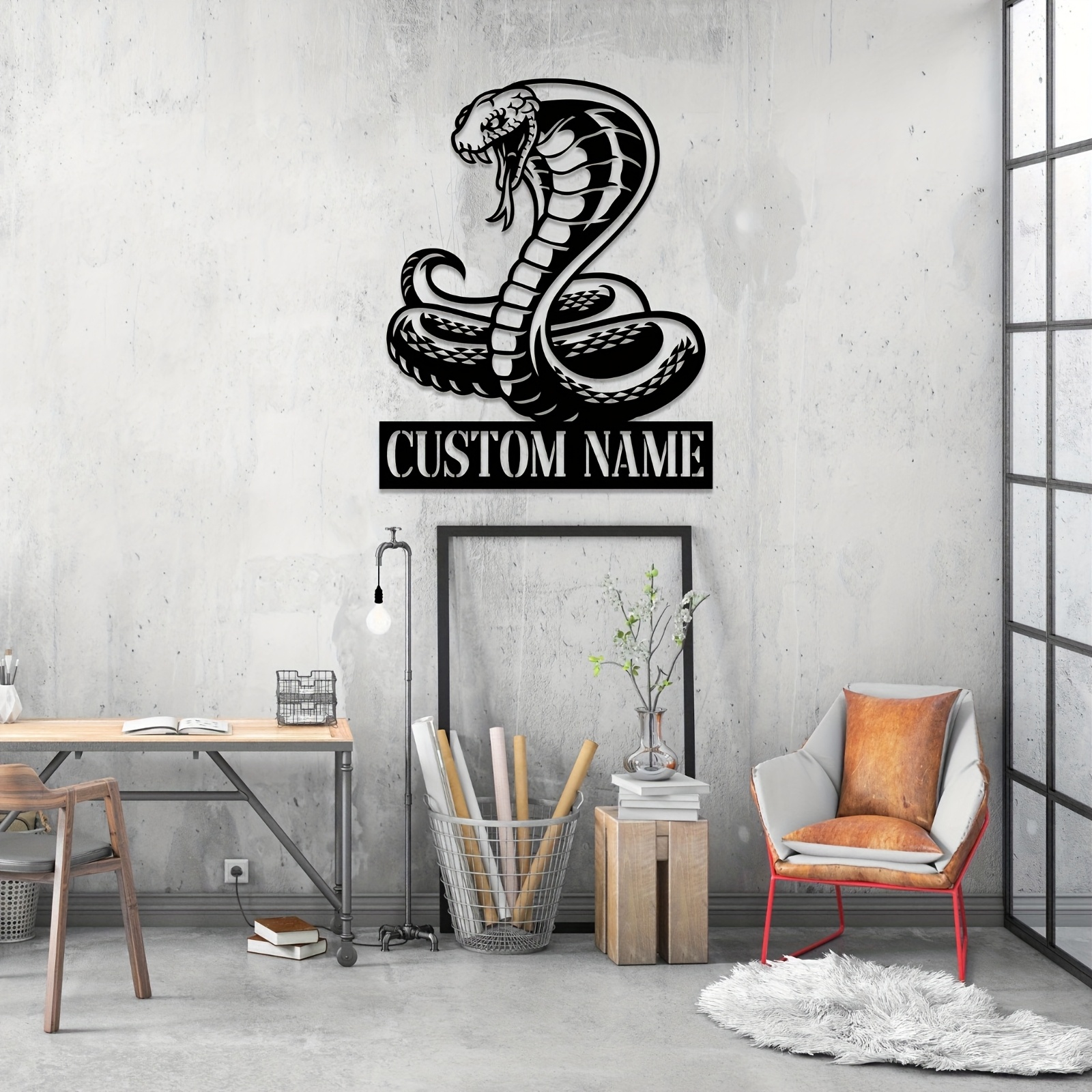 Personalized King Cobra Metal Wall Art Sign – Custom Name Decorative Plaque for Home, Office, or Gift – Black and White Snake Design with Textured Lettering, Perfect for Door, Wall, or Address Display, Snake Decor