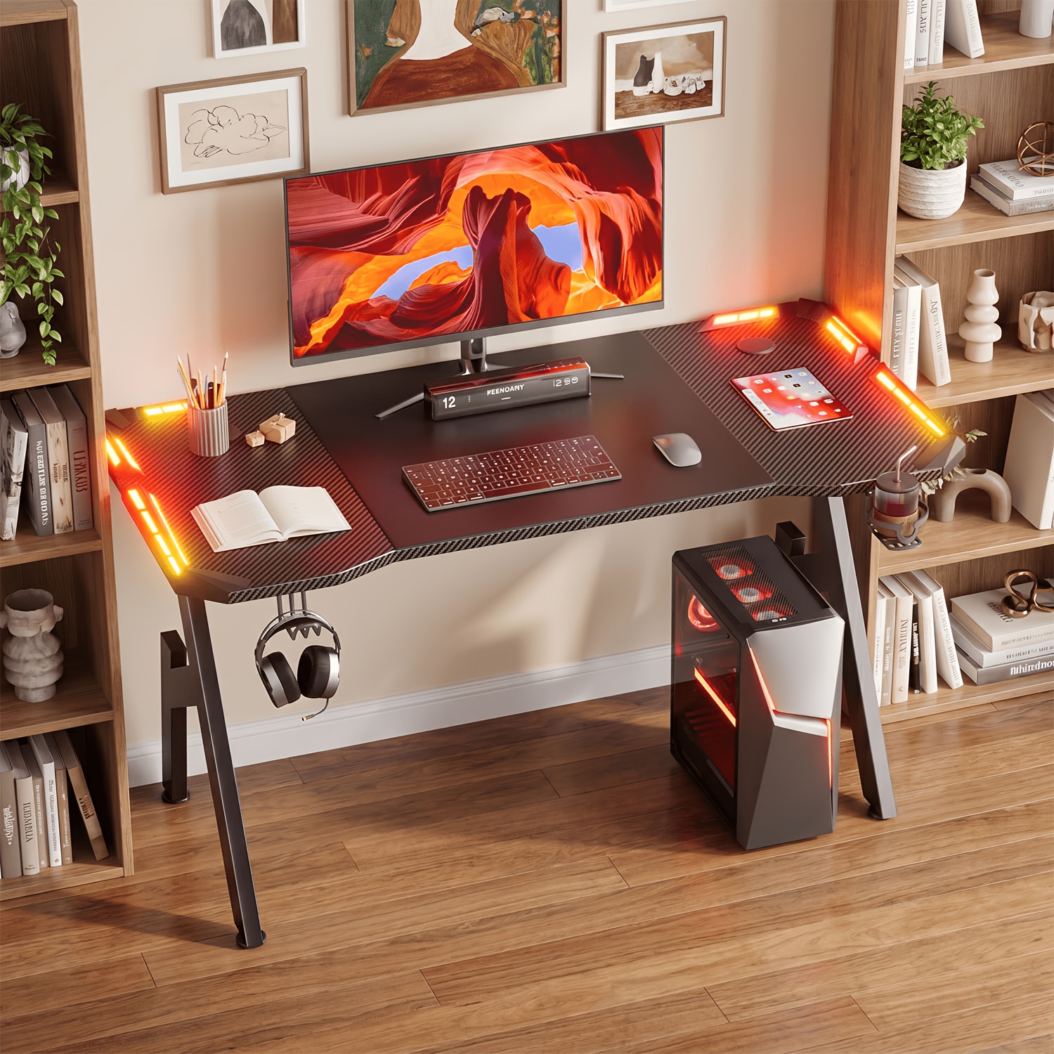TEMU Mesa de Gaming de A de 47/55/63 pulgadas con luces LED, tablero de fibra de carbono y alfombrilla de ratón extragrande, escritorio de ordenador