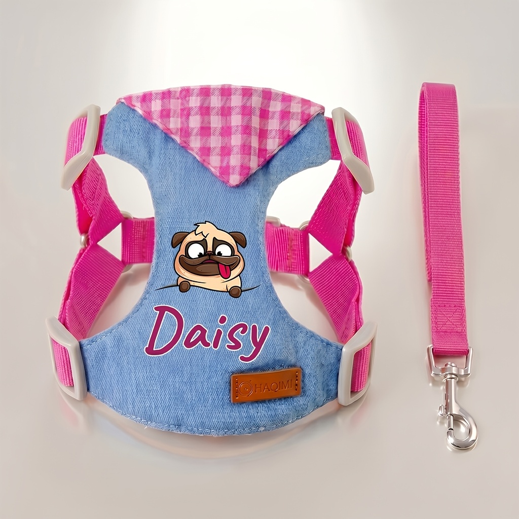 TEMU Customizable Name Fashion Pet Harness And Leash Set - Soft, Skin-friendly, Escape-proof, And Anti-lunge Vest With Wear-resistant, Adjustable,